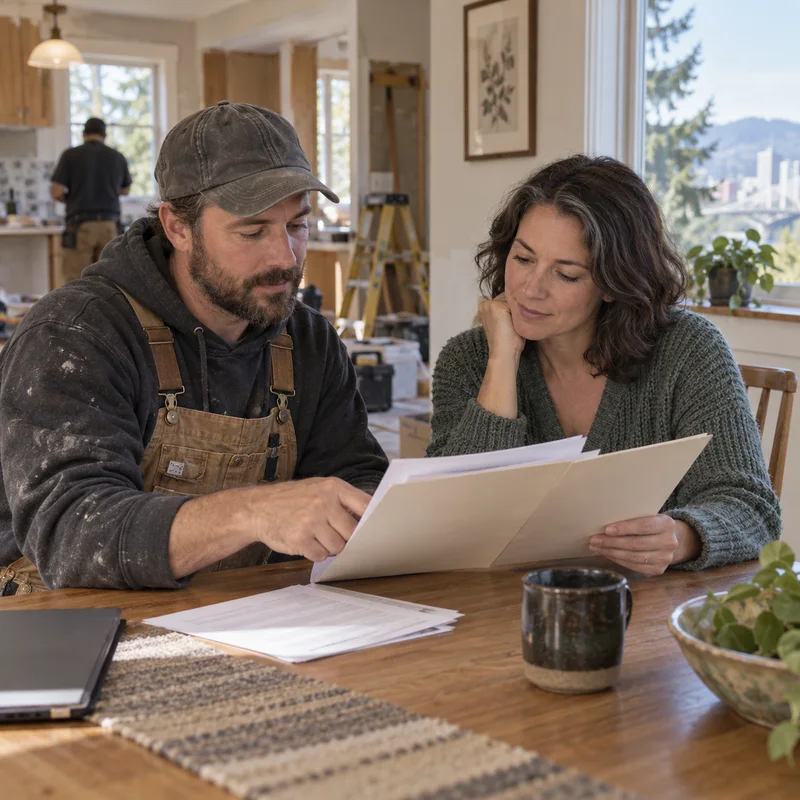A homeowner and contractor reviewing project documents together