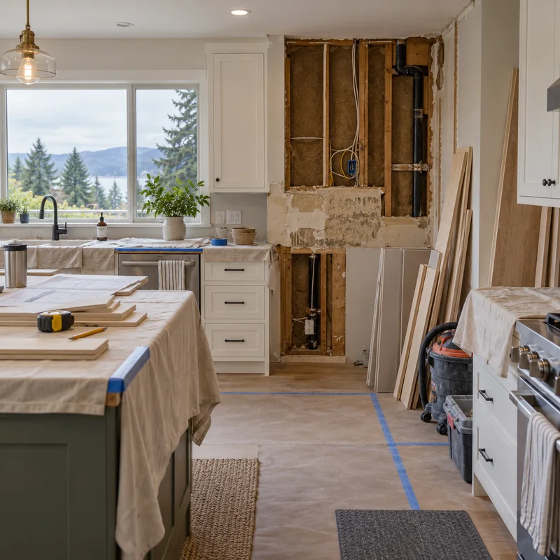 A kitchen renovation paused with a wall opened and materials set aside