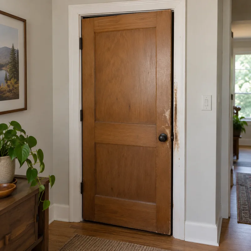 A worn interior door and frame illustrating everyday home repairs