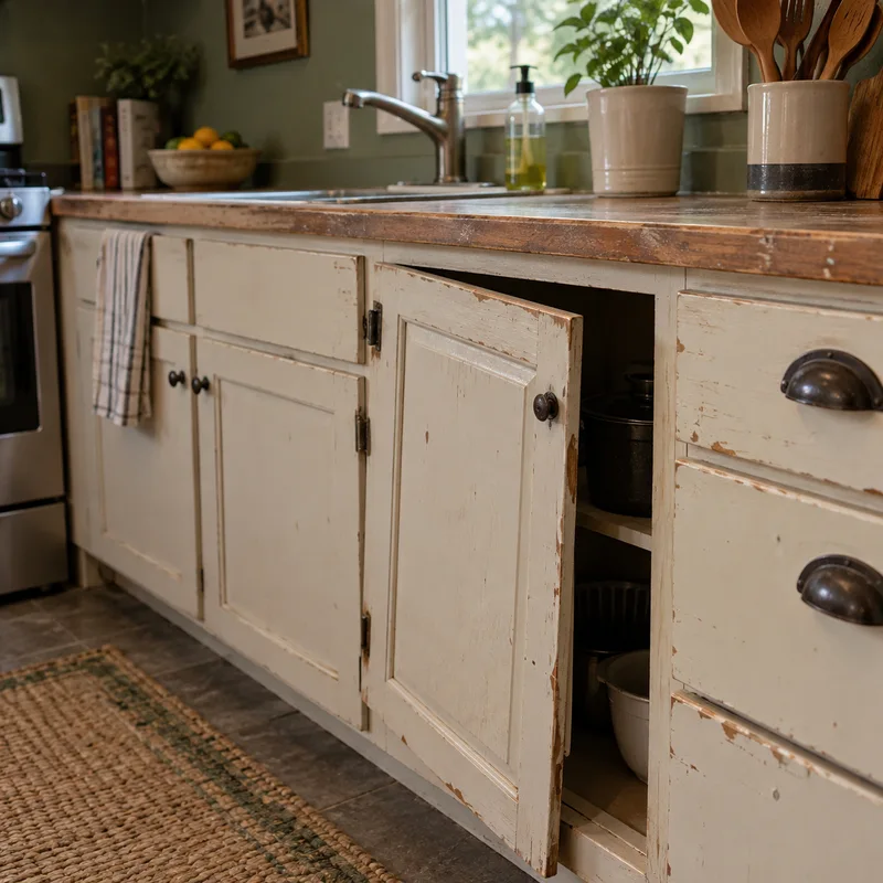 Worn kitchen cabinets illustrating a renovation project