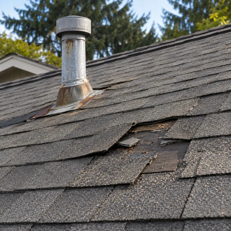 Damaged roof shingles illustrating a roofing assessment